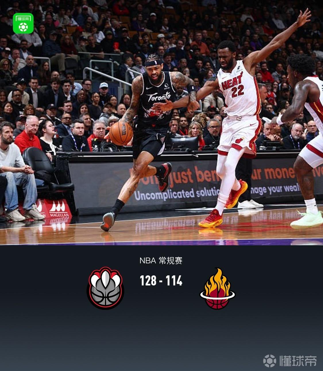 猛龍128-114力克熱火，英格拉姆38+7+7，阿德巴約空砍24+11+8