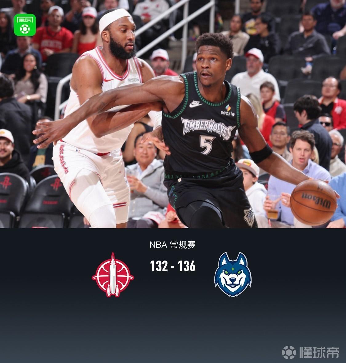 森林狼136-132險勝火箭，愛德華茲22分，杜蘭特33+7+6，阿門空砍41分